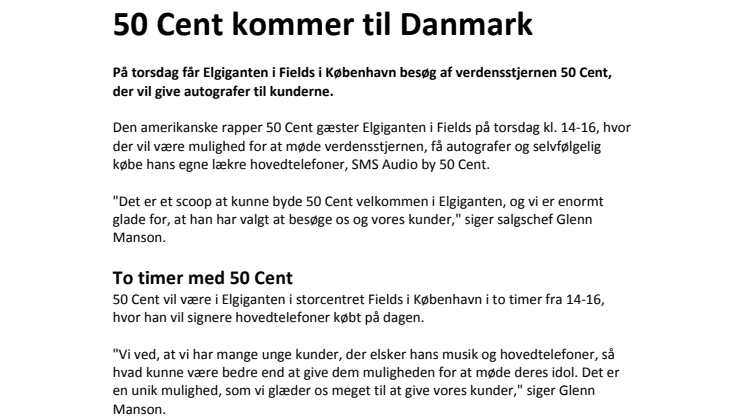 50 Cent kommer til Danmark