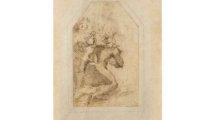 _Domenico Beccafumi (vers 1486-1551) Saint Antoine - Dessin double face Plume et lavis de bistre Monogrammé en bas au milieu Au verso, Femmes agenouillées 20,5 x 13 cm Estimates_50,000 - 80,000