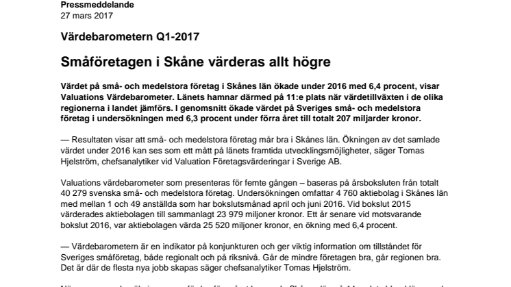 Värdebarometern Q1-2017 Skånes Län
