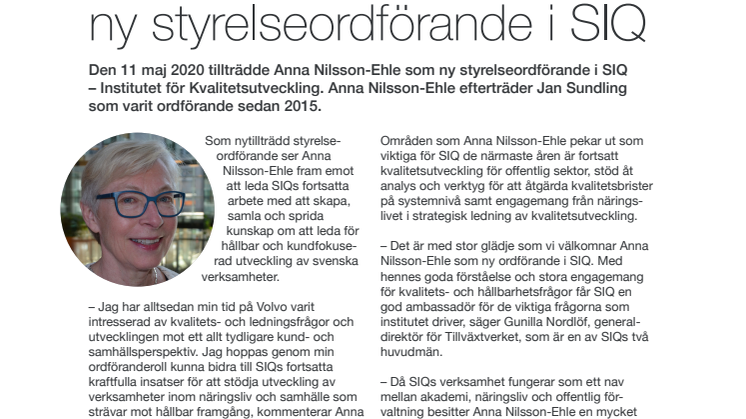 Anna Nilsson-Ehle ny styrelseordförande i SIQ