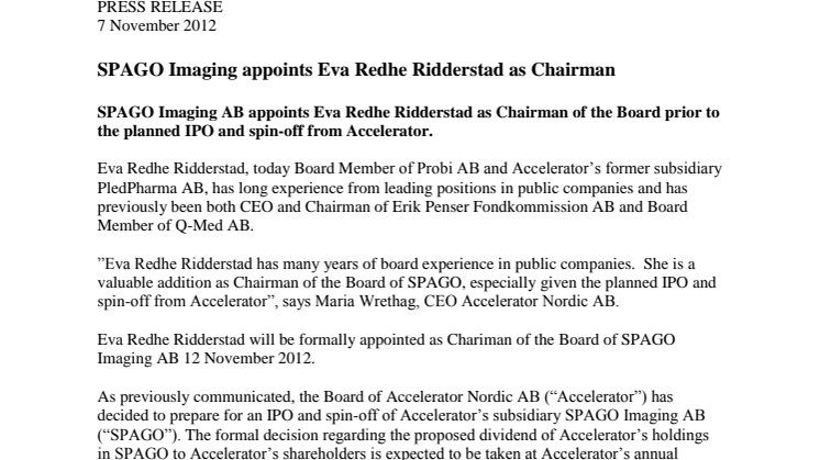 SPAGO Imaging appoints Eva Redhe Ridderstad as Chairman