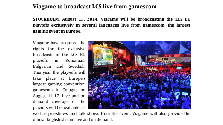 Viagame to broadcast LCS live from gamescom August 14-17
