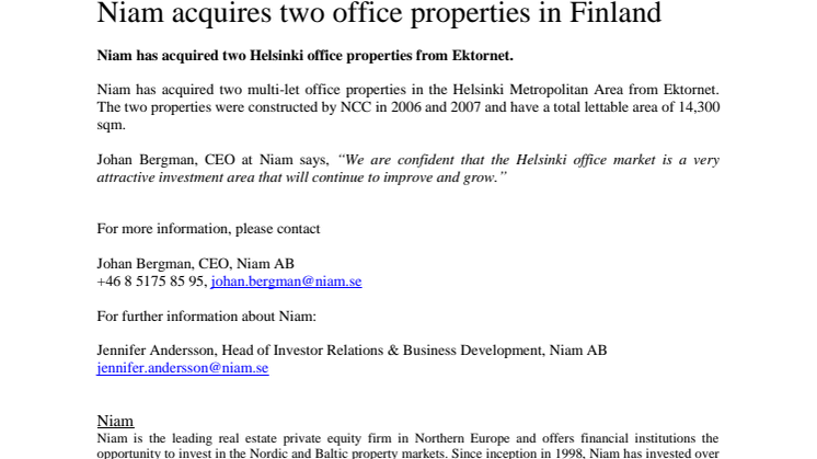 Niam acquires two office properties in Finland 