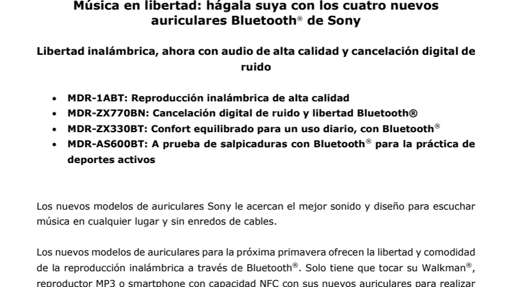 Música en libertad: hágala suya con los cuatro nuevos  auriculares Bluetooth® de Sony