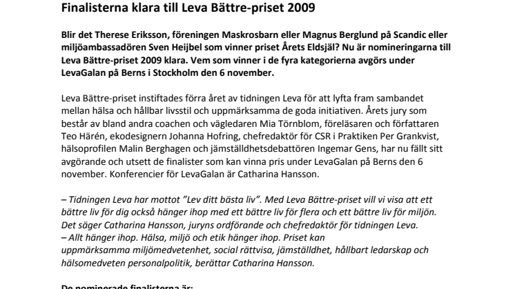 Finalisterna klara till Leva Bättre-priset 2009