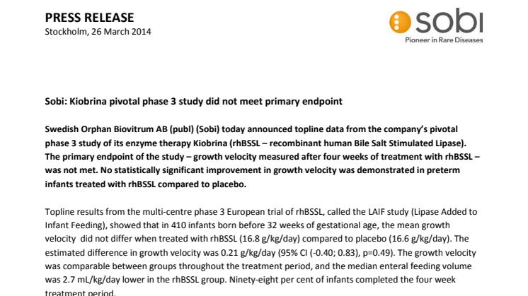 Sobi: Kiobrina pivotal phase 3 study did not meet primary endpoint
