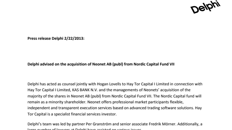 Delphi advised on the acquisition of Neonet AB (publ) from Nordic Capital Fund VII
