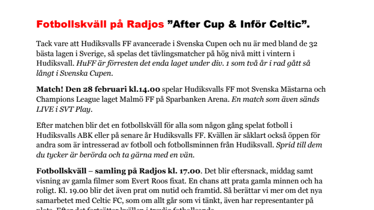 Öppen inbjudan till fotbollskväll på Radjos efter mötet mot Svenska Mästarna 28 feb!