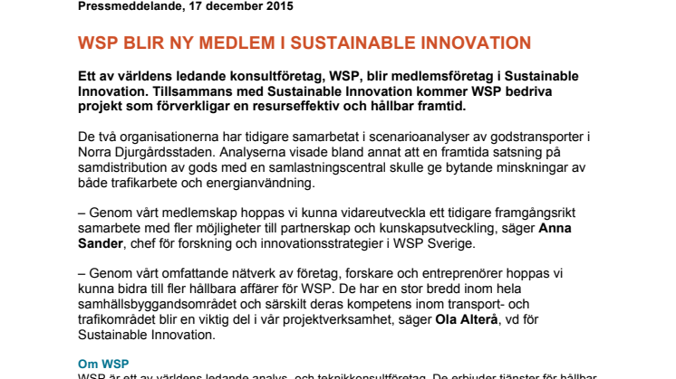 WSP blir ny medlem i Sustainable Innovation