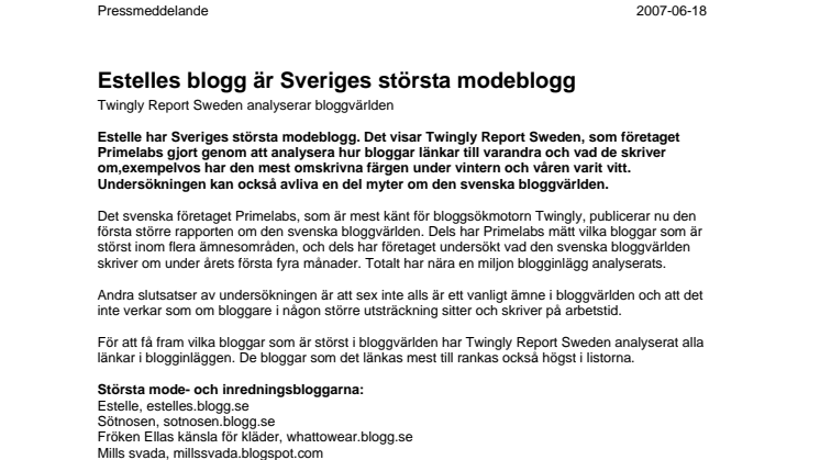 Estelles blogg är Sveriges största modeblogg - Twingly Report Sweden analyserar bloggvärlden