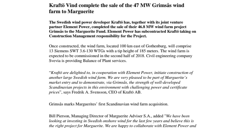 Kraftö Vind complete the sale of the 47 MW Grimsås wind farm to Marguerite Fund