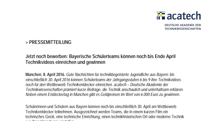 Jetzt noch bewerben: Bayerische Schülerteams können noch bis Ende April Technikvideos einreichen und gewinnen
