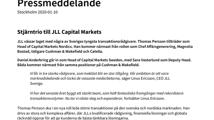 Stjärntrio till JLL Capital Markets 