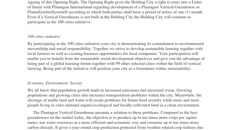 Plantagon Opening Right - text on the City Exclusivity Certificate