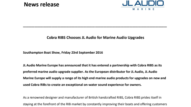 JL Audio Marine Europe: Cobra RIBS Chooses JL Audio for Marine Audio Upgrades