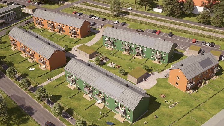 Illustration av de kommande lägenheterna i BoKlok Ryttaren, södra Gunsta, Uppsala. 