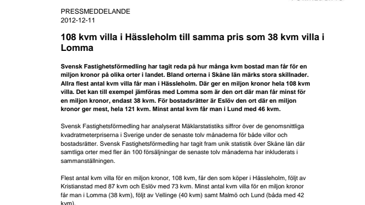 Pressmeddelande: 108 kvm villa i Hässleholm till samma pris som 38 kvm villa i Lomma