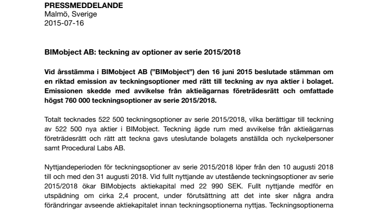 BIMobject AB: teckning av optioner av serie 2015/2018 