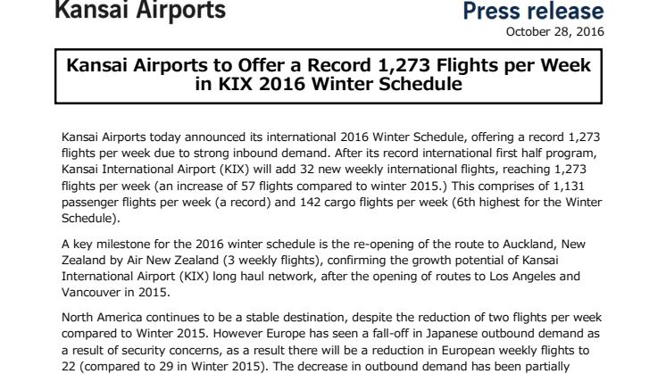 Kansai Airports to Offer a Record 1,273 Flights per Week in KIX 2016 Winter Schedule