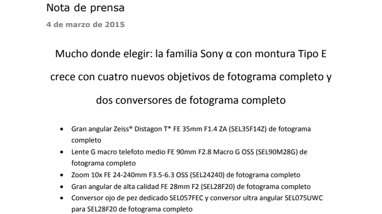 Mucho donde elegir: la familia Sony α con montura Tipo E crece con cuatro nuevos objetivos de fotograma completo y dos conversores de fotograma completo