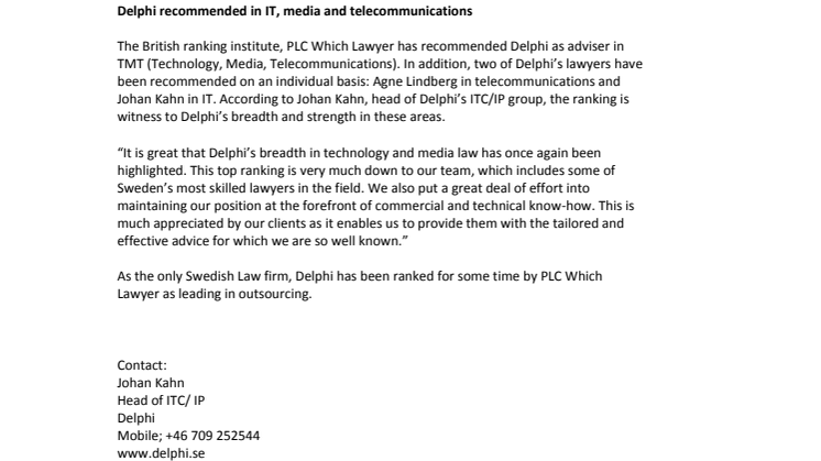 Delphi recommended in IT, media and telecommunications