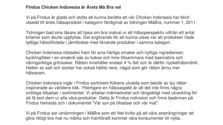 Findus Chicken Indonesia är Årets Må Bra val