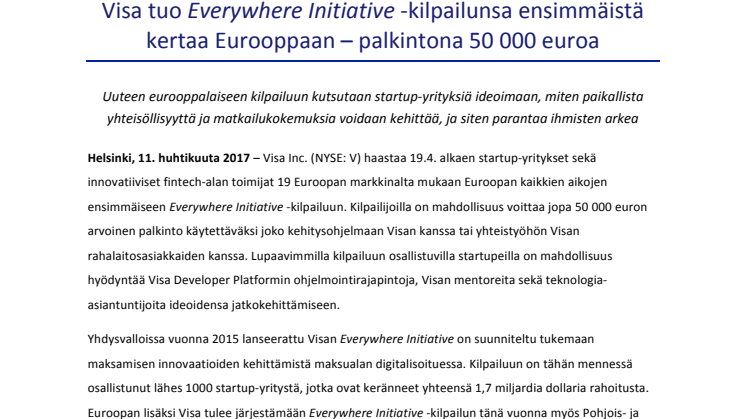Visa tuo Everywhere Initiative -kilpailunsa ensimmäistä kertaa Eurooppaan – palkintona 50 000 euroa