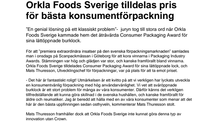 Orkla Foods Sverige tilldelas pris för bästa konsumentförpackning