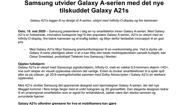 Samsung utvider Galaxy A-serien med det nye tilskuddet Galaxy A21s