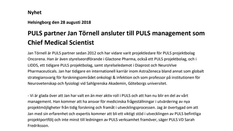 PULS partner Jan Törnell ansluter till PULS management som Chief Medical Scientist