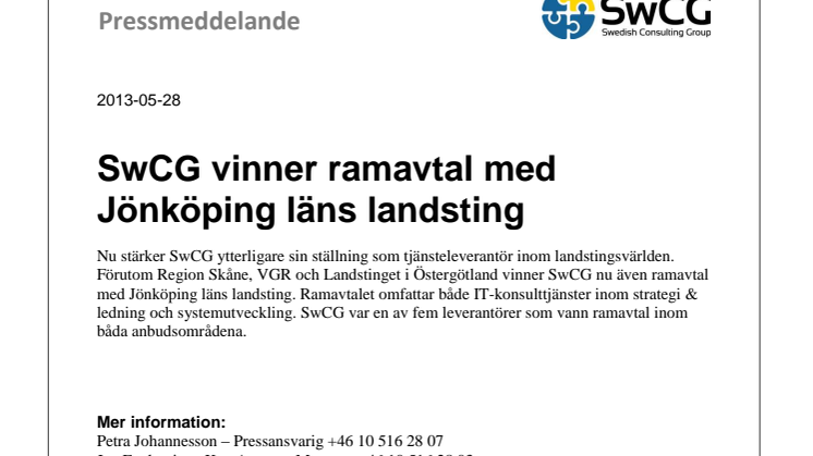 SwCG vinner ramavtal med Jönköping läns landsting 