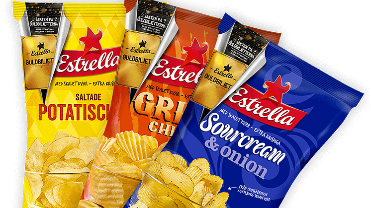 Jakten på guldbiljetterna: kampanj från Estrella 2020. Biljetterna har fördelats mellan smakerna Salt, Grill och Sourcream & Onion
