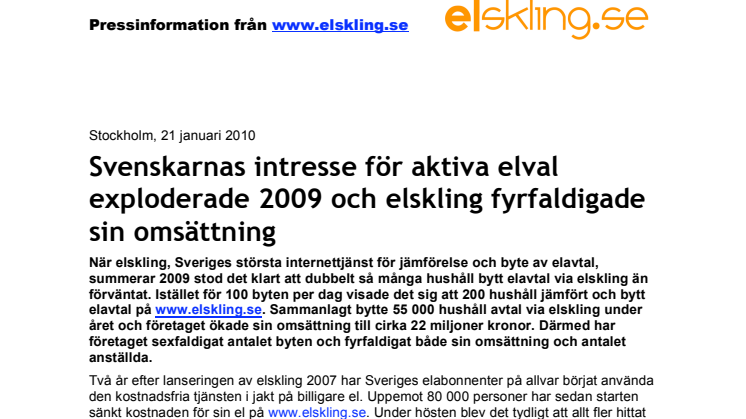 Svenskarnas intresse för aktiva elval exploderade 2009 och elskling fyrfaldigade sin omsättning