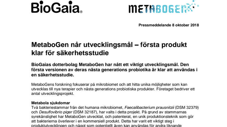 MetaboGen når utvecklingsmål  – första produkt klar för säkerhetsstudie