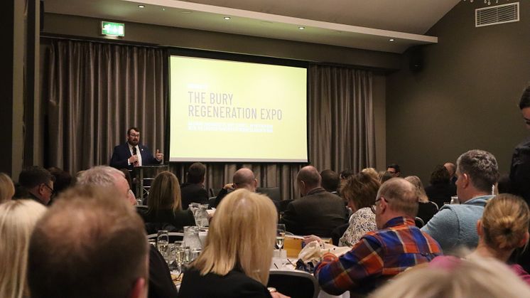 Cllr Eamonn O'Brien addresses business leaders at the Bury Regeneration Expo.