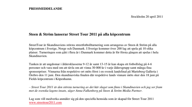 Steen & Ström lanserar Street Tour 2011 på alla köpcentrum