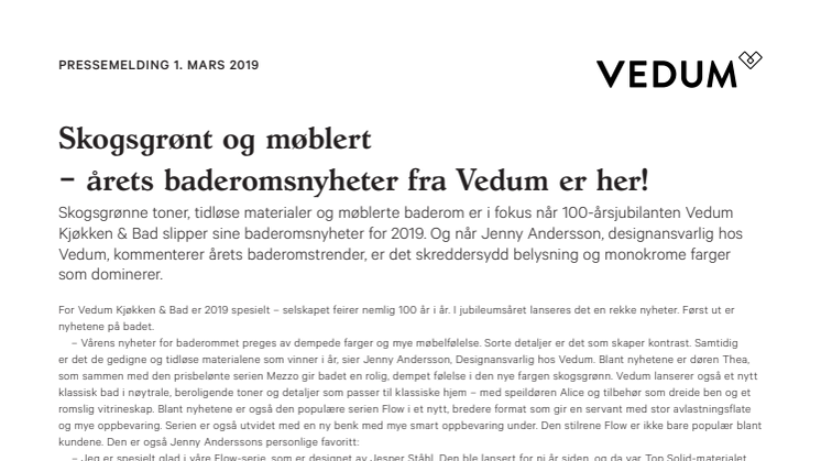 Skogsgrønt og møblert  – årets baderomsnyheter fra Vedum er her!