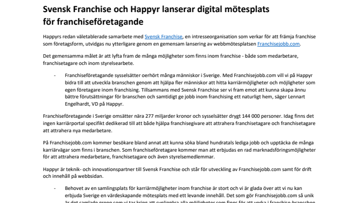 Svensk Franchise och Happyr lanserar digital mötesplats för franchiseföretagande