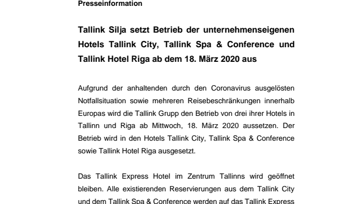 Tallink Silja setzt Betrieb der unternehmenseigenen Hotels Tallink City, Tallink Spa & Conference und Tallink Hotel Riga ab dem 18. März 2020 aus