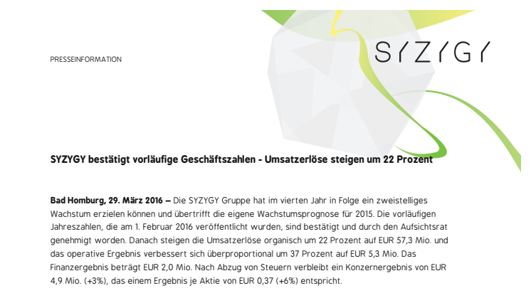 SYZYGY bestätigt vorläufige Geschäftszahlen - Umsatzerlöse steigen um 22 Prozent