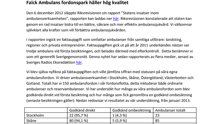 Falck Ambulans fordonspark håller hög kvalitet