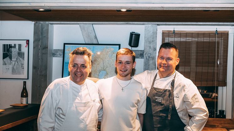 NSC trip to Norway_ L2R_Sam Dixon of Nothcote YNCOTY winner_centre_enjoyed a masterclass hosted by award winning chef of Lofoten Food Studio Roy Magne Berglund Left_and Norwegian top chef Cven Erik Renaa of 2 starred restaurant RE-NAA _Right