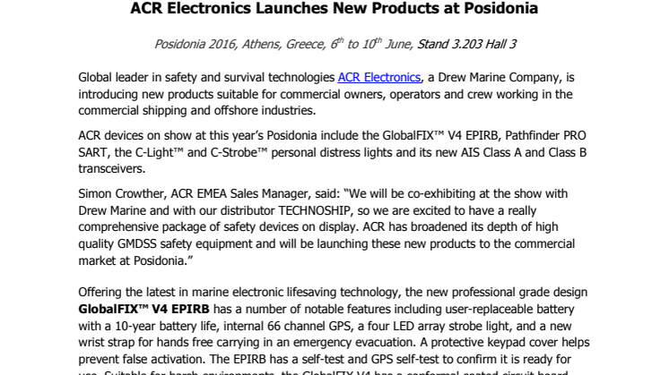 ACR Electronics Inc.: Launches New Products at Posidonia