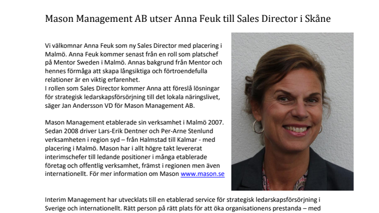 Mason Management AB utser Anna Feuk till Sales Director i Skåne