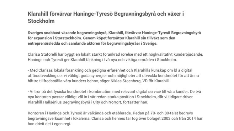 ​Klarahill förvärvar Haninge-Tyresö Begravningsbyrå och växer i Stockholm