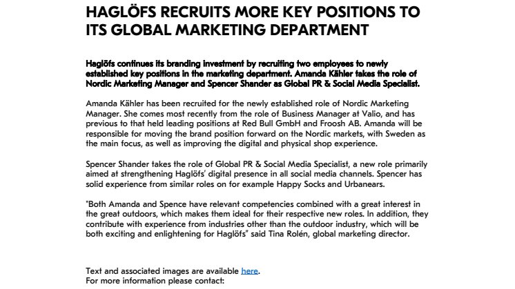 HAGLÖFS RECRUITS MORE KEY POSITIONS TO ITS GLOBAL MARKETING DEPARTMENT