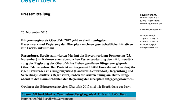 Bürgerenergiepreis Oberpfalz 2017 geht an drei Impulsgeber