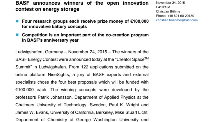 BASF annoncerer vinderne af den åbne innovationskonkurrence om energilagering