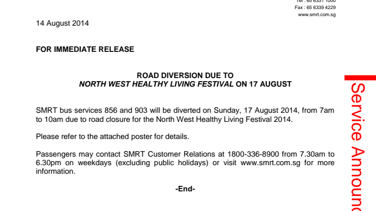 Road Diversion due to North West Healthy Living Festival on 17 August