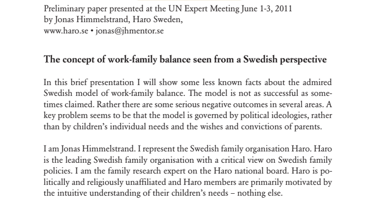 Haros "paper" till FN:s Expert Group Meeting 1-3 juni 2011